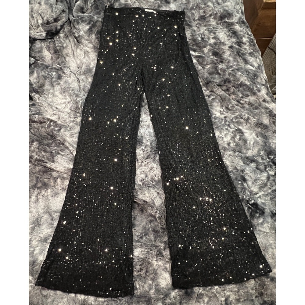 Idem Ditto Womens Metallic Sequins Trouser Pants Wide Leg Zip Side Closure Black